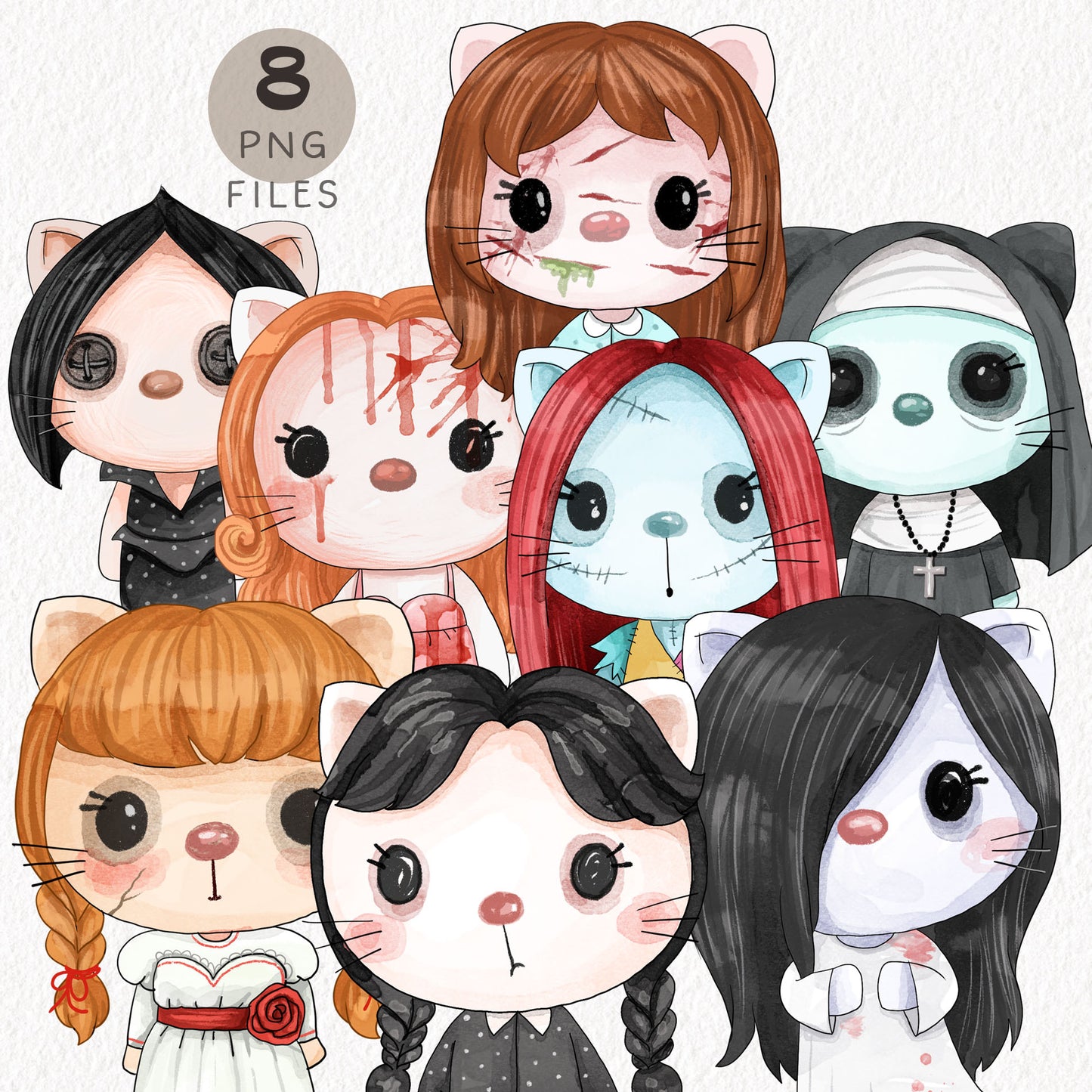 Cute horror Kitty, Halloween Clipart Set, Spooky Halloween Cat PNG clipart instant download PNG file - 300 dpi