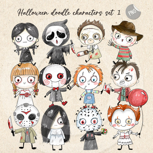 Halloween doodle characters clipart set 1 PNG files.