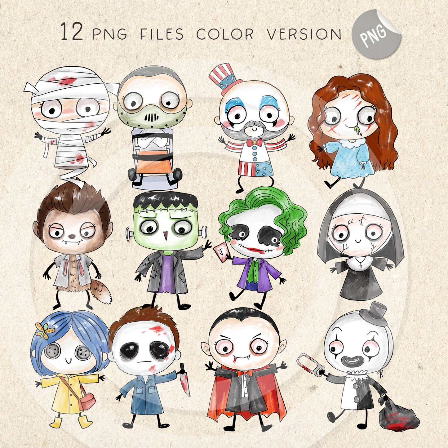 Halloween doodle characters clipart set2 PNG files.