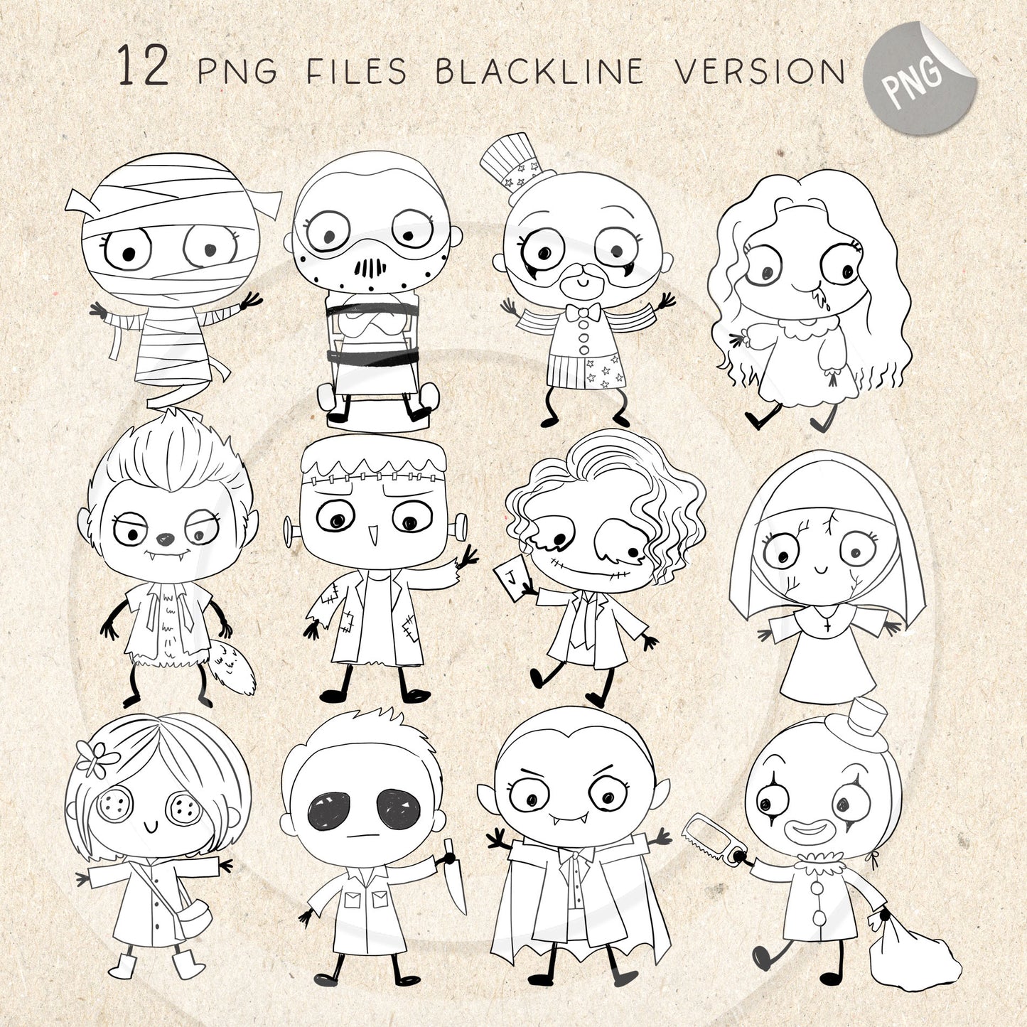 Halloween doodle characters clipart set2 PNG files.