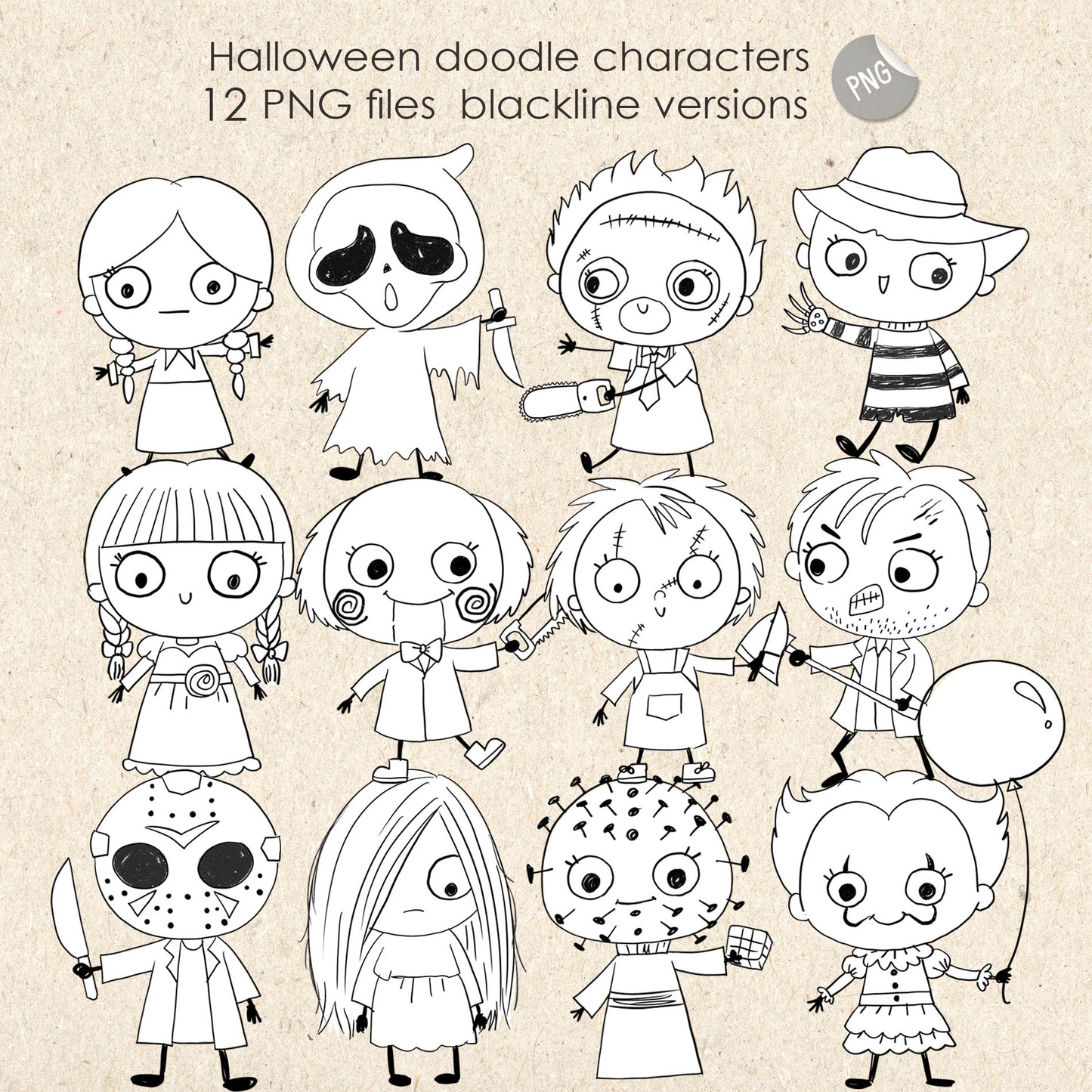 Halloween doodle characters clipart set 1 PNG files.