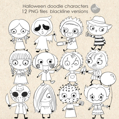 Halloween doodle characters clipart set 1 PNG files.