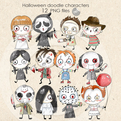 Halloween doodle characters clipart set 1 PNG files.