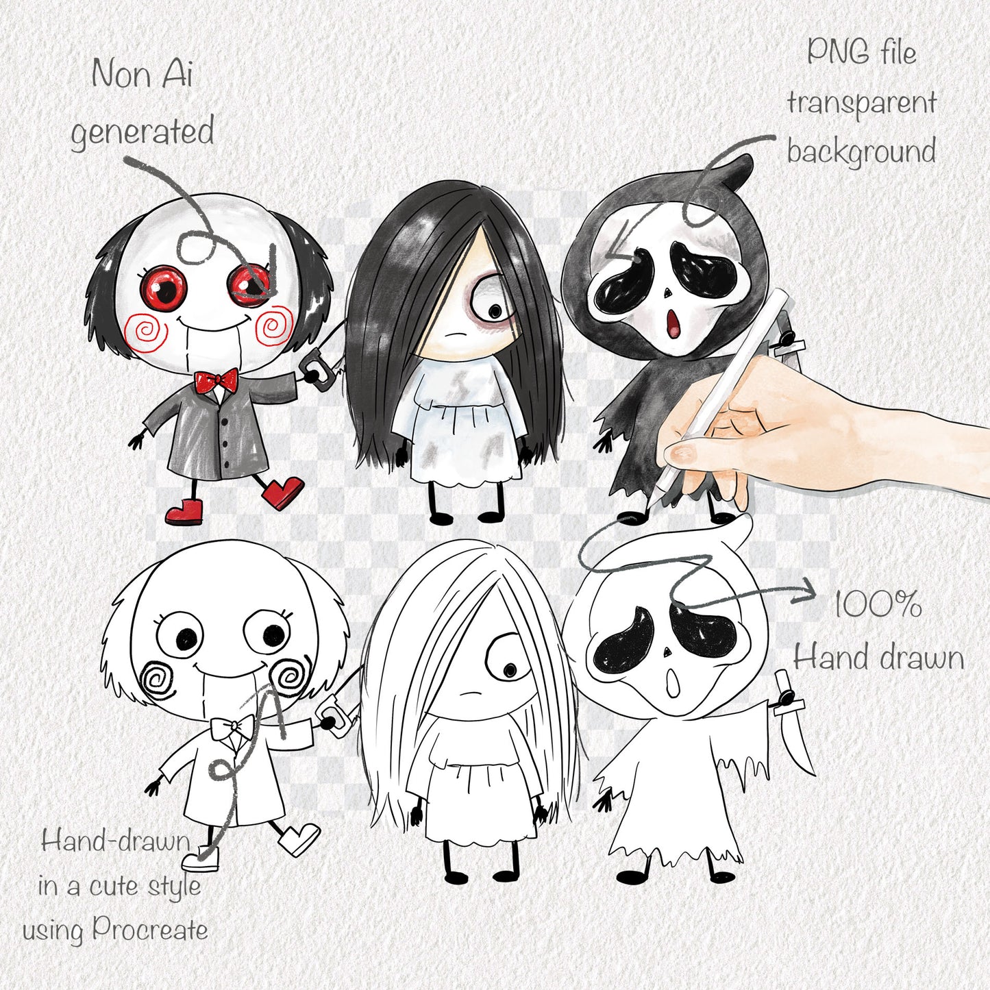 Halloween doodle characters clipart set 1 PNG files.