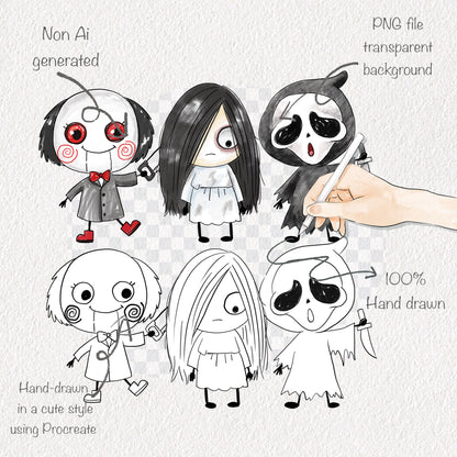 Halloween doodle characters clipart set 1 PNG files.
