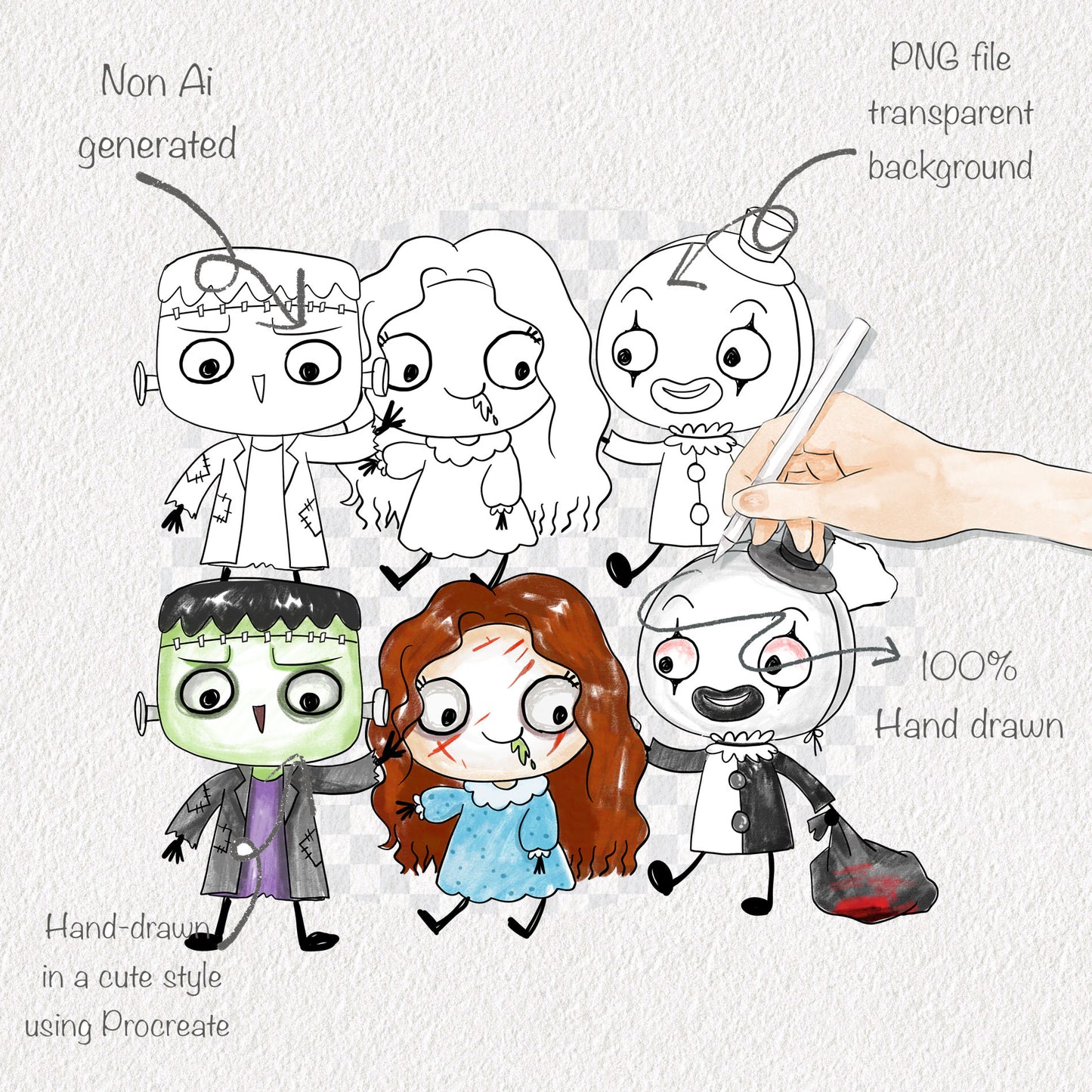 Halloween doodle characters clipart set2 PNG files.