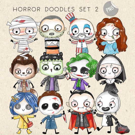 Halloween doodle characters clipart set2 PNG files.