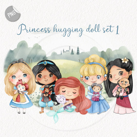 Princess hugging doll clipart set 1 , instant download PNG file - 300 dpi