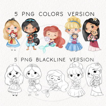 Princess hugging doll clipart set 1 , instant download PNG file - 300 dpi