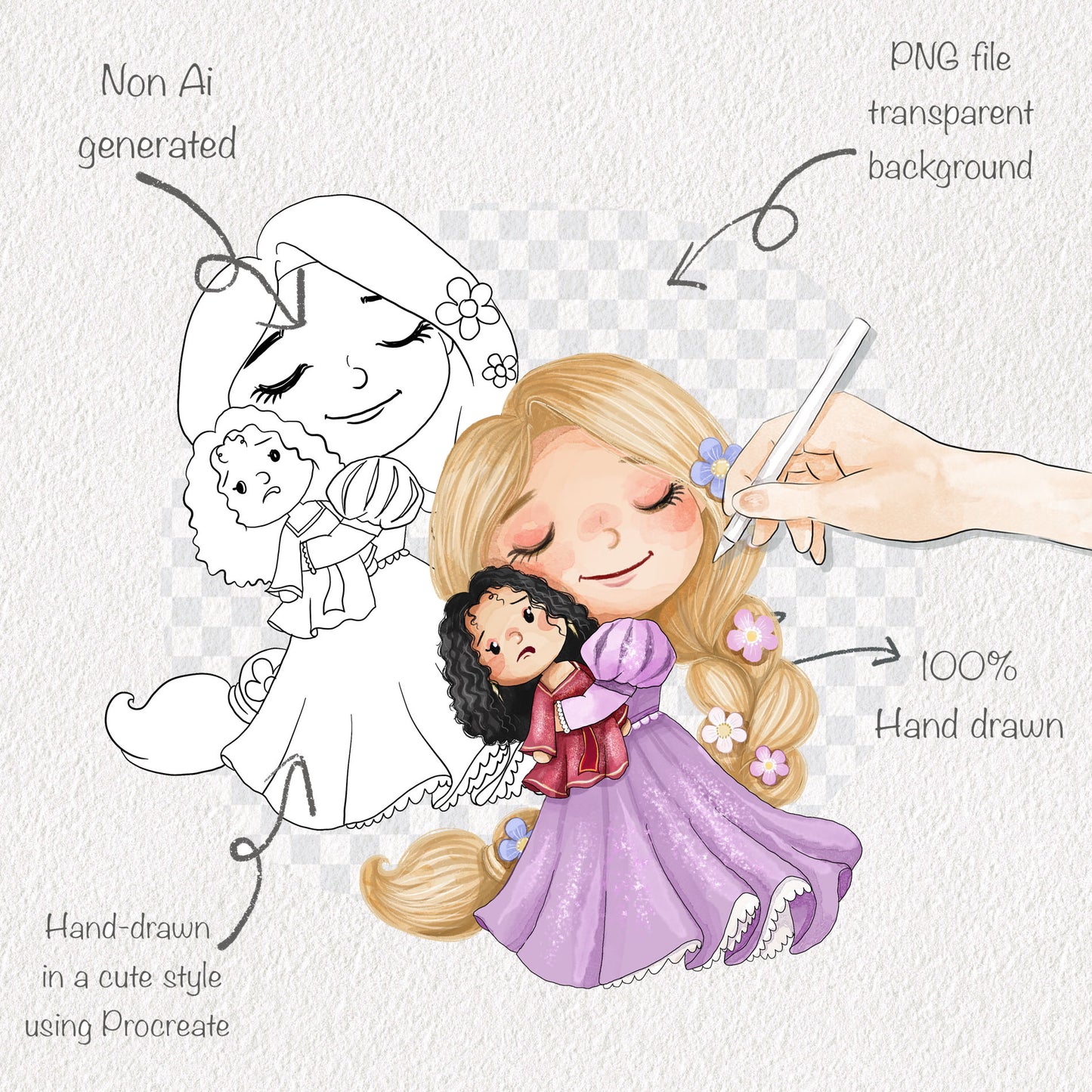 Princess hugging doll clipart set2 , instant download PNG file - 300 dpi