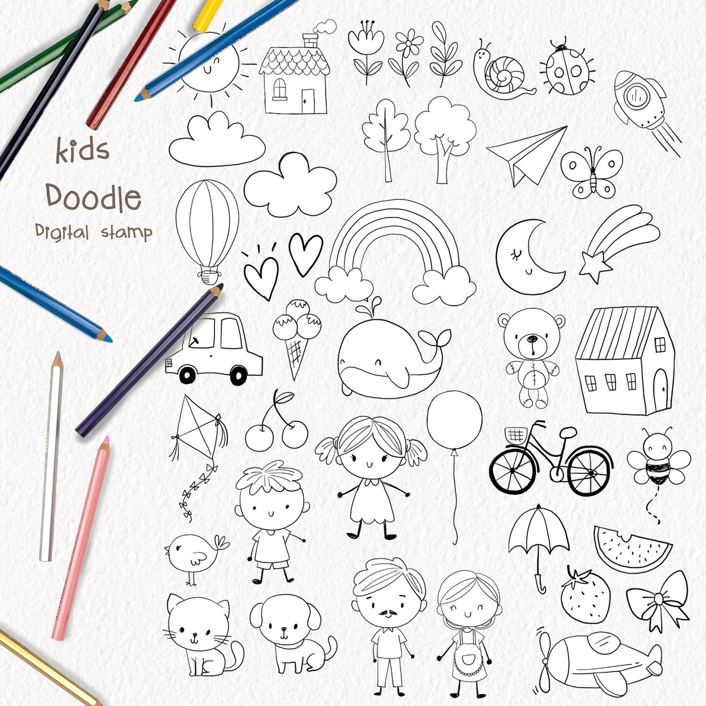 Doodle kids hand drawn ,blackline art , digital stamp ,instant download PNG file - 300 dpi