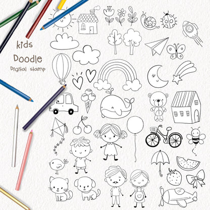 Doodle kids hand drawn ,blackline art , digital stamp ,instant download PNG file - 300 dpi
