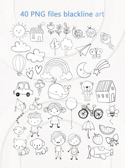 Doodle kids hand drawn ,blackline art , digital stamp ,instant download PNG file - 300 dpi