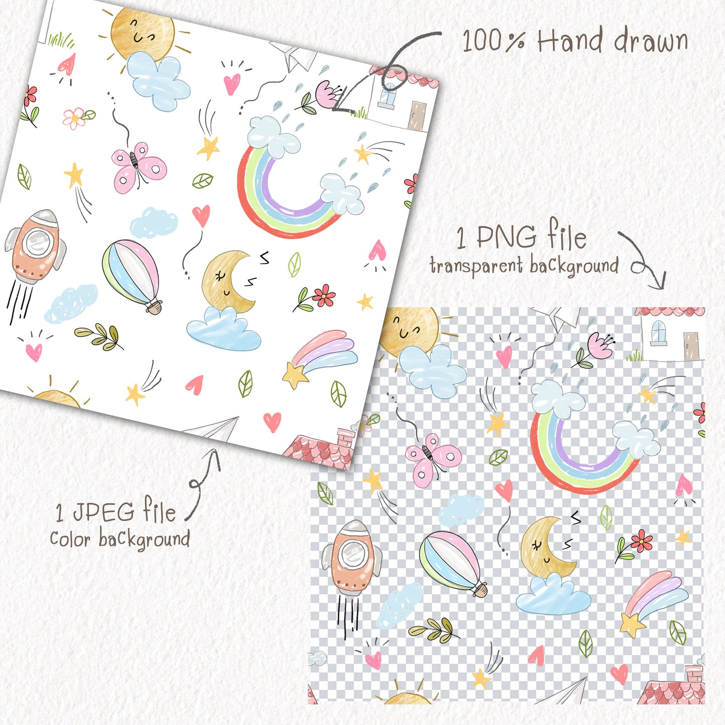 Kids doodle Seamless Pattern, instant download PNG file - 300 dpi