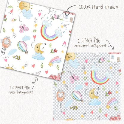 Kids doodle Seamless Pattern, instant download PNG file - 300 dpi