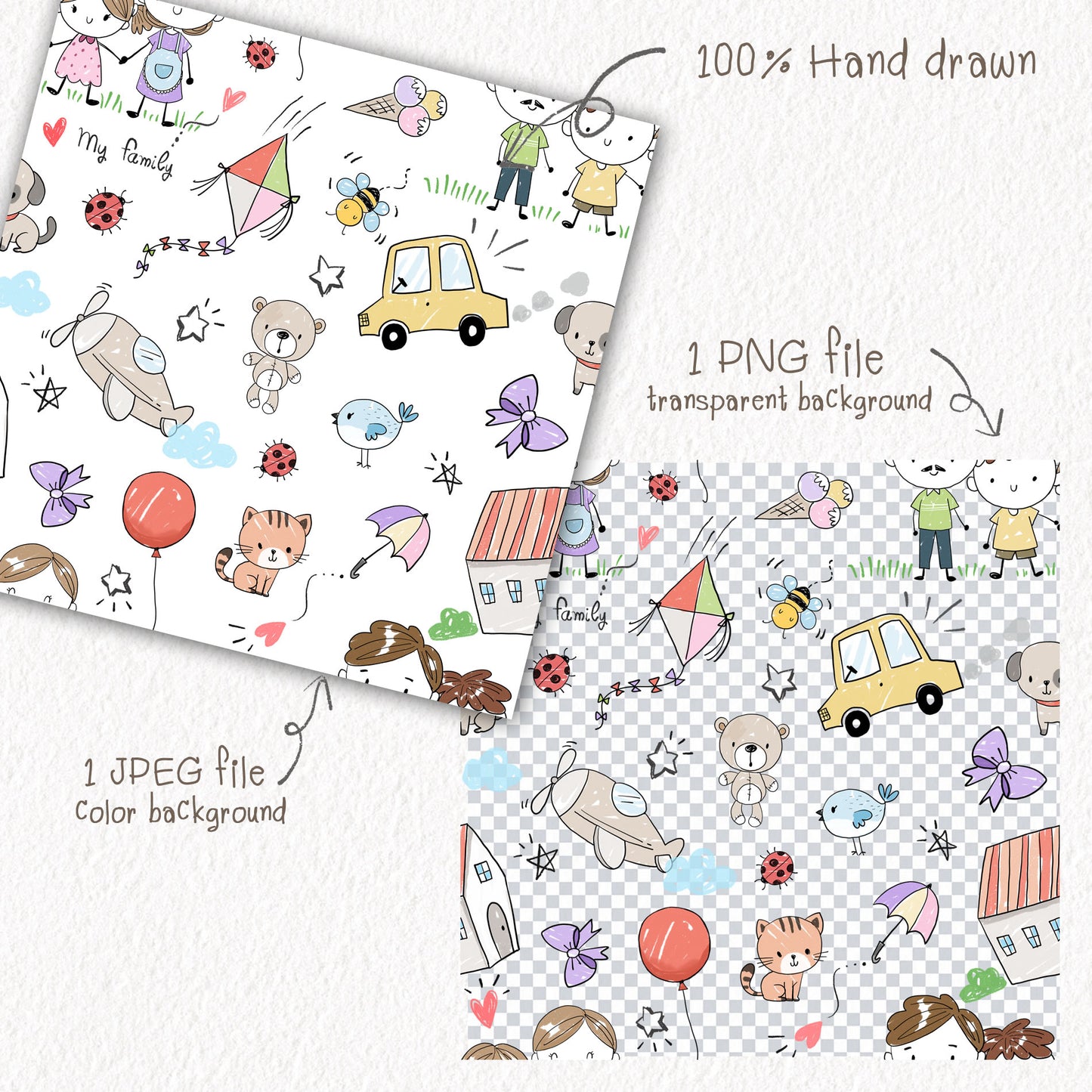 Doodle kids hand drawn Seamless Pattern, instant download PNG file - 300 dpi