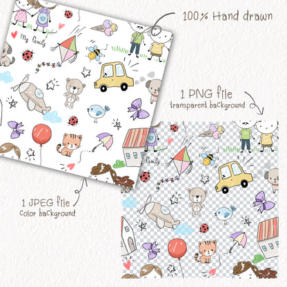 Doodle kids hand drawn Seamless Pattern, instant download PNG file - 300 dpi