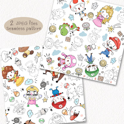 Game boy characters Hand Drawn ,doodle clipart, Seamless Pattern, instant download PNG file - 300 dpi