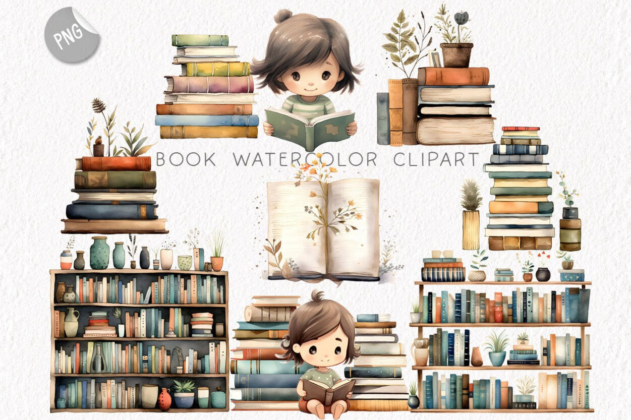 Books watercolor clipart instant download PNG file - 300 dpi