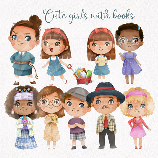 girl with books clipart , Matilda inspiration instant download PNG file - 300 dpi (Copy)