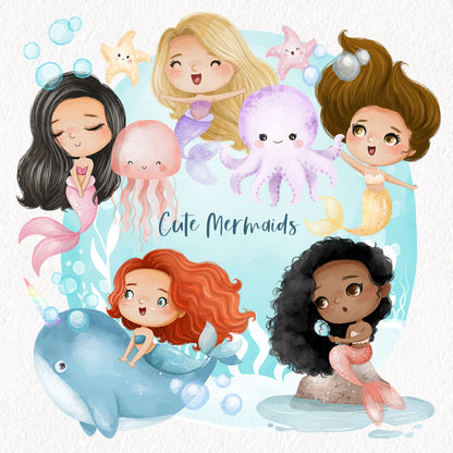 Cute Mermaids clipart instant download PNG file - 300 dpi