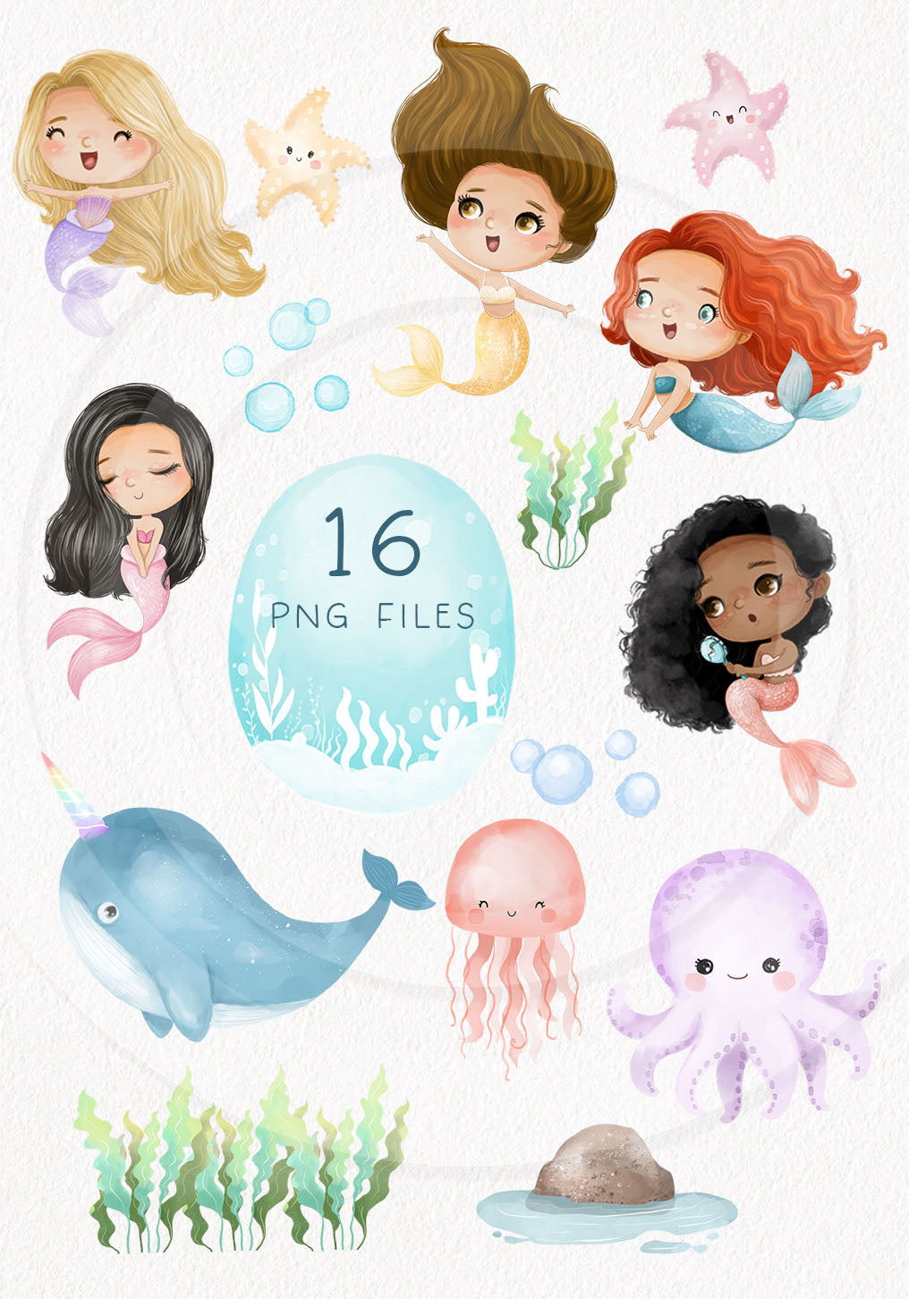 Cute Mermaids clipart instant download PNG file - 300 dpi