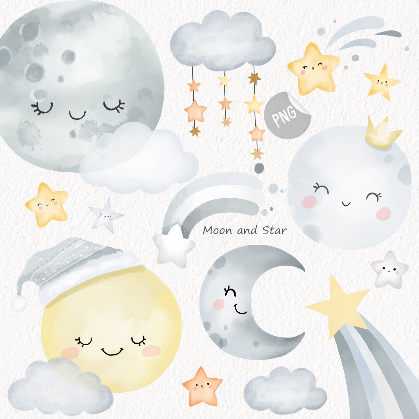 Moon Clipart | hand drawn clipart, PNG files 300 dpi.