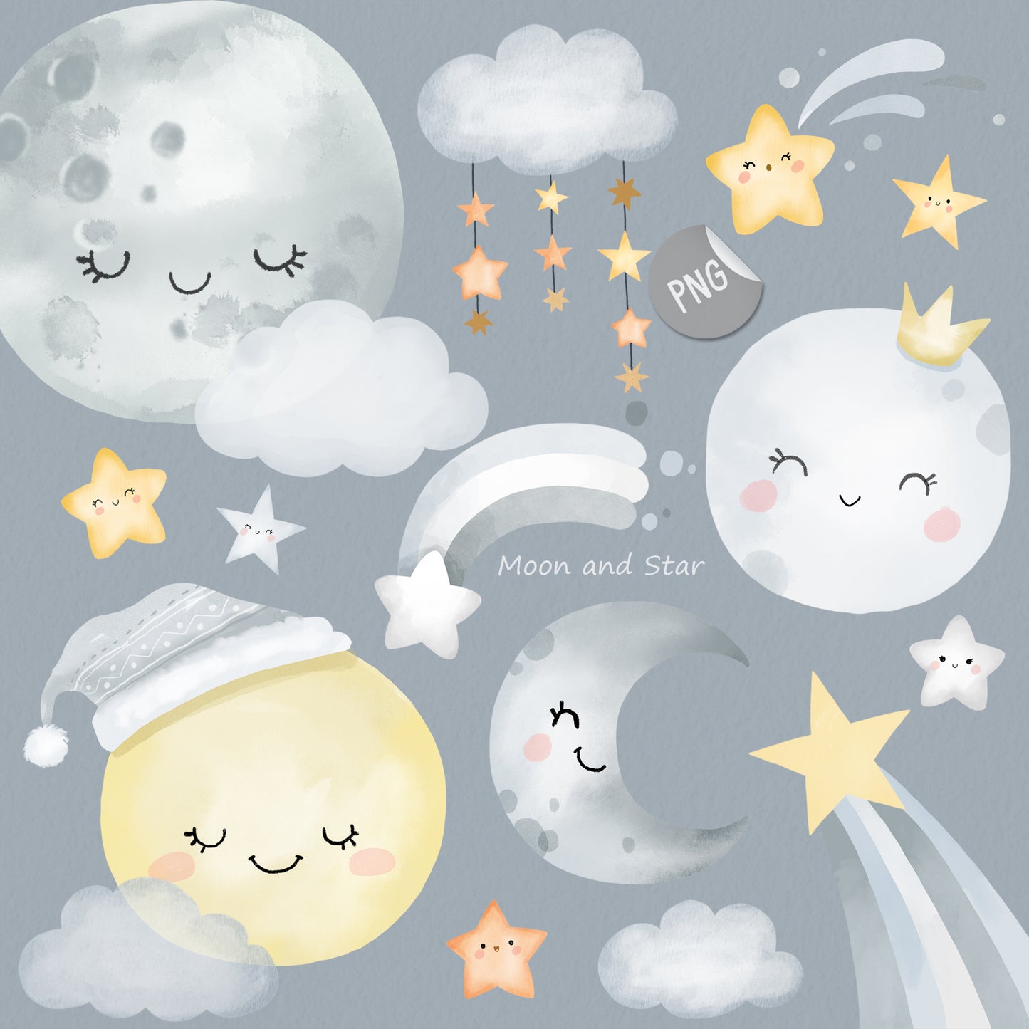 Moon Clipart | hand drawn clipart, PNG files 300 dpi.