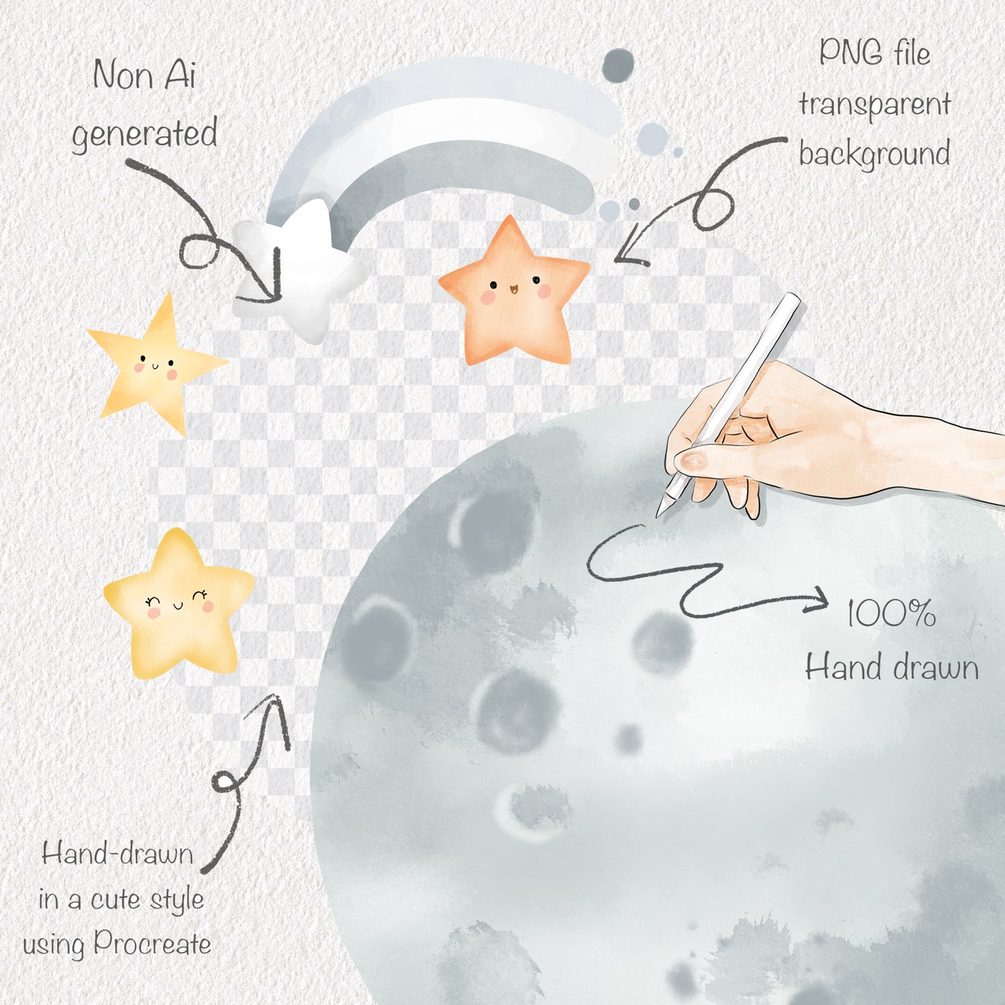 Moon Clipart | hand drawn clipart, PNG files 300 dpi.