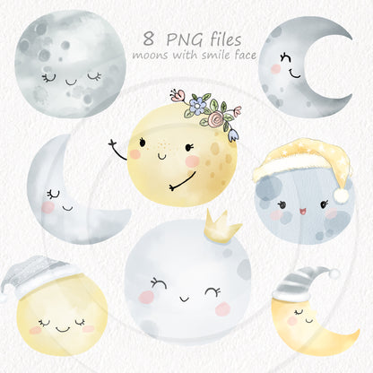Moon Clipart | hand drawn clipart, PNG files 300 dpi.