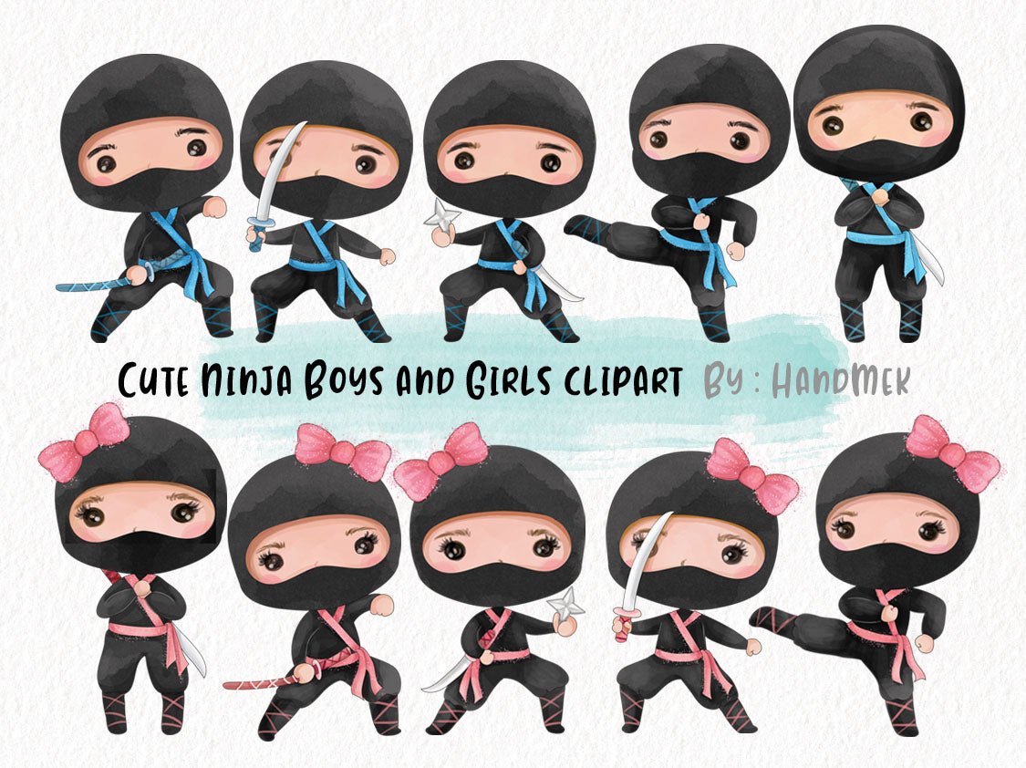 Cute Ninja boys and girls Clip Art Instant Download PNG file - 300 dpi