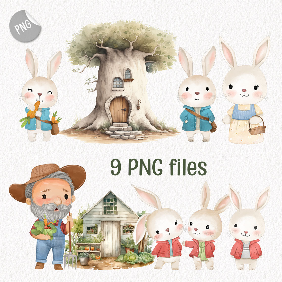 Cute family Rabbit cat clipart instant download PNG file