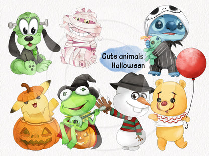 Cute Halloween Animals Characters clipart instant download PNG file - 300 dpi