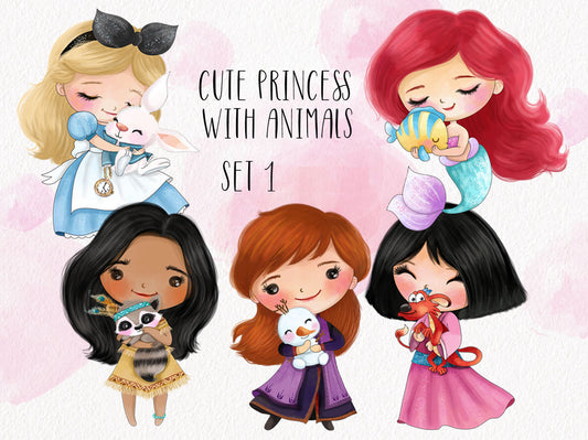 Cute princess with animals ClipArt set 1 instant download PNG file - 300 dpi