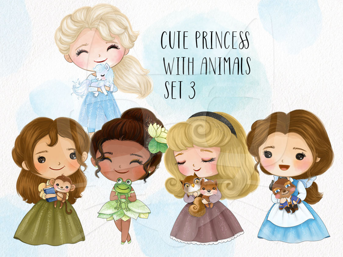 Cute princess with animals ClipArt set3 instant download PNG file - 300 dpi