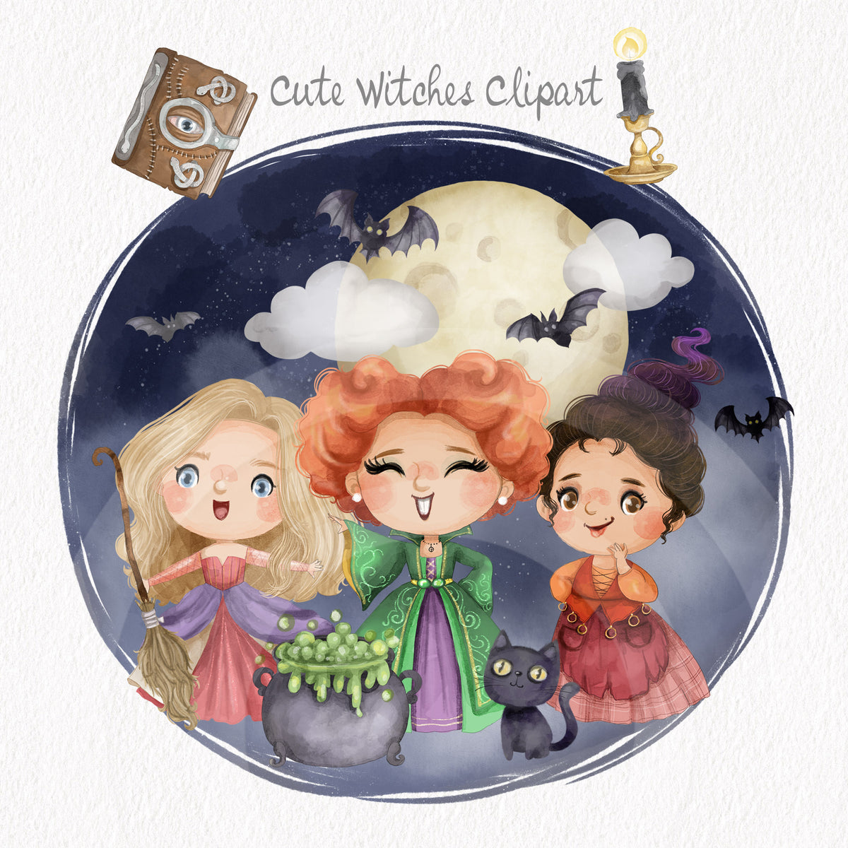 Witch girls family, Halloween Girls clipart  instant download PNG file - 300 dpi