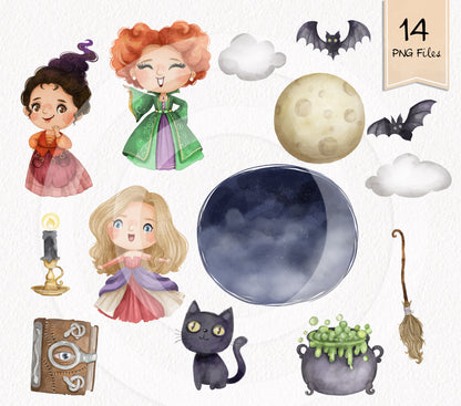 Witch girls family, Halloween Girls clipart  instant download PNG file - 300 dpi