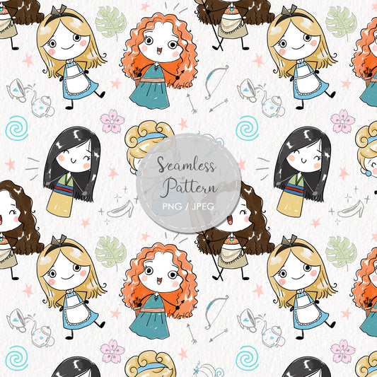Cute princess Seamless Pattern, instant download PNG file - 300 dpi