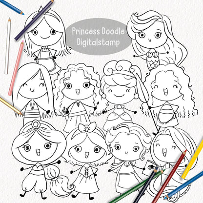 Princess hand drawn ,blackline art , digital stamp ,instant download PNG file - 300 dpi