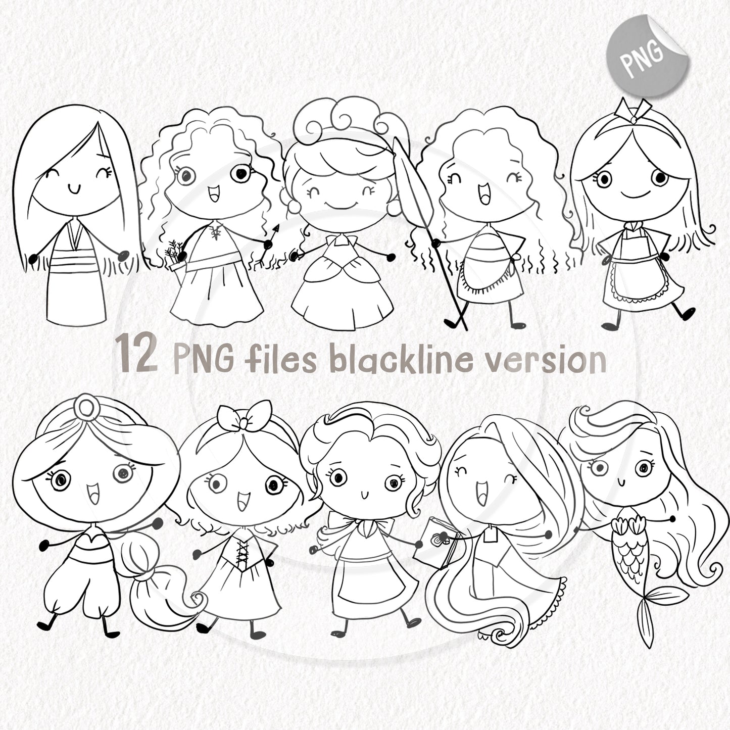 Princess hand drawn ,blackline art , digital stamp ,instant download PNG file - 300 dpi