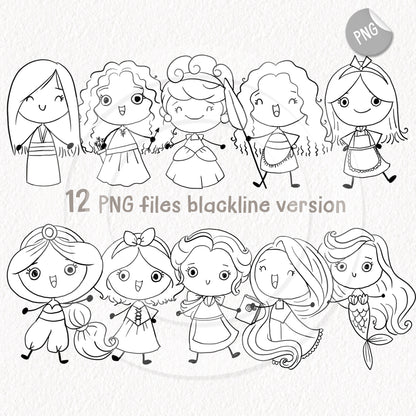 Princess hand drawn ,blackline art , digital stamp ,instant download PNG file - 300 dpi