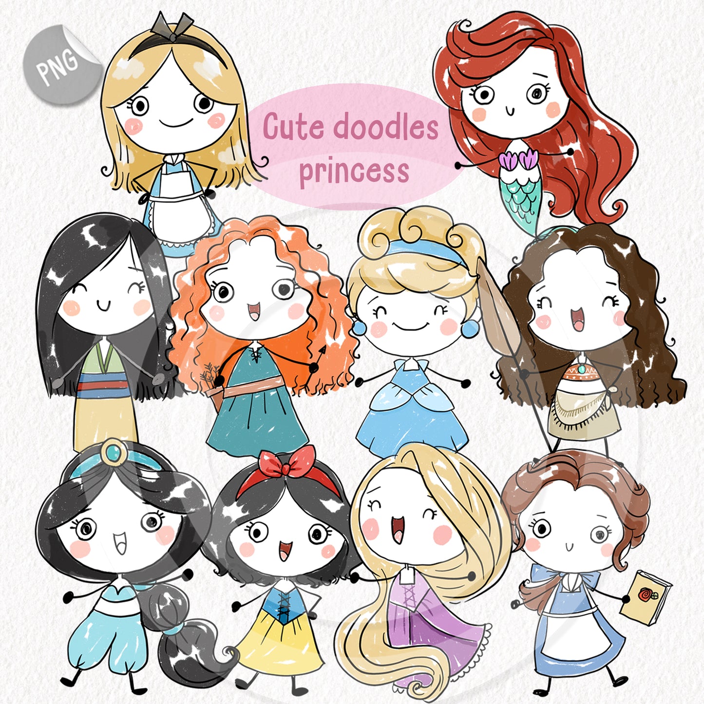 Princess doodle Hand Drawn clipart instant download PNG file - 300 dpi