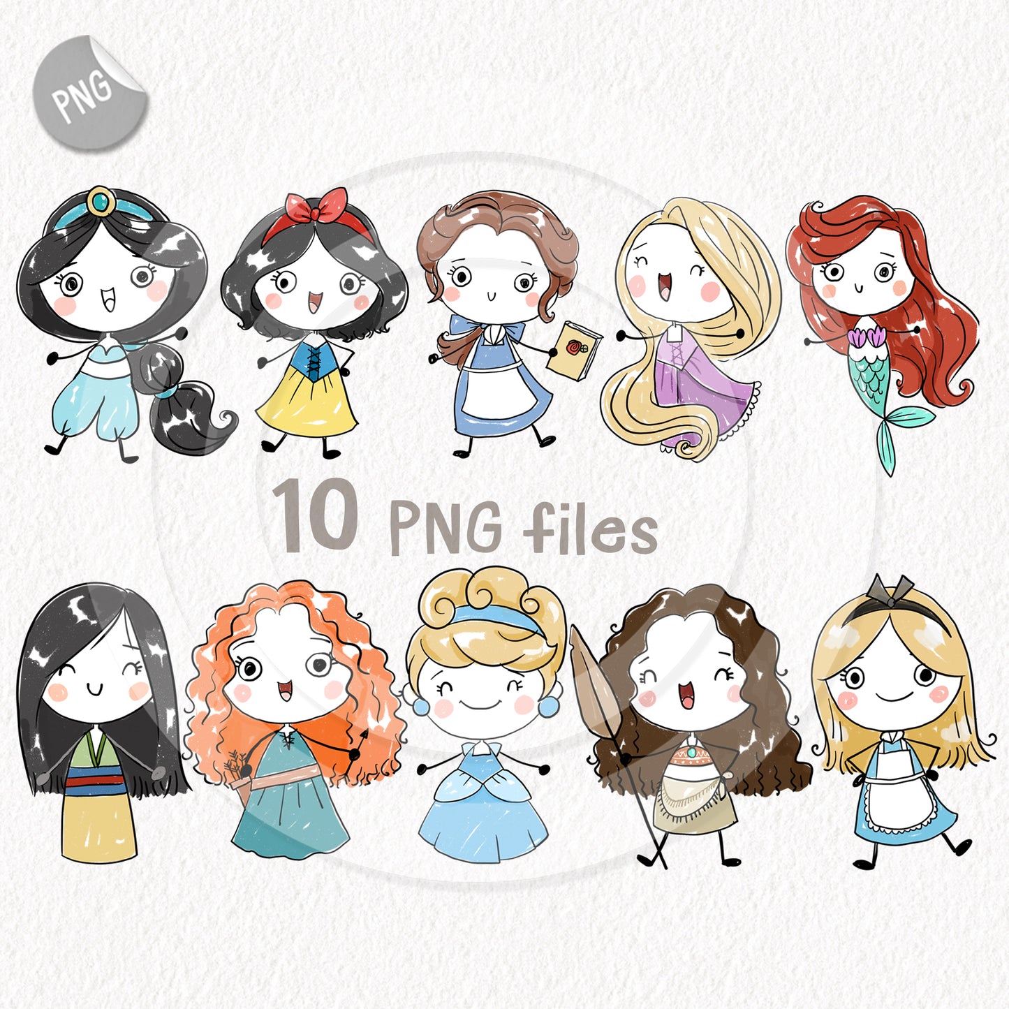 Princess doodle Hand Drawn clipart instant download PNG file - 300 dpi