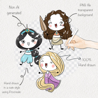Princess doodle Hand Drawn clipart instant download PNG file - 300 dpi