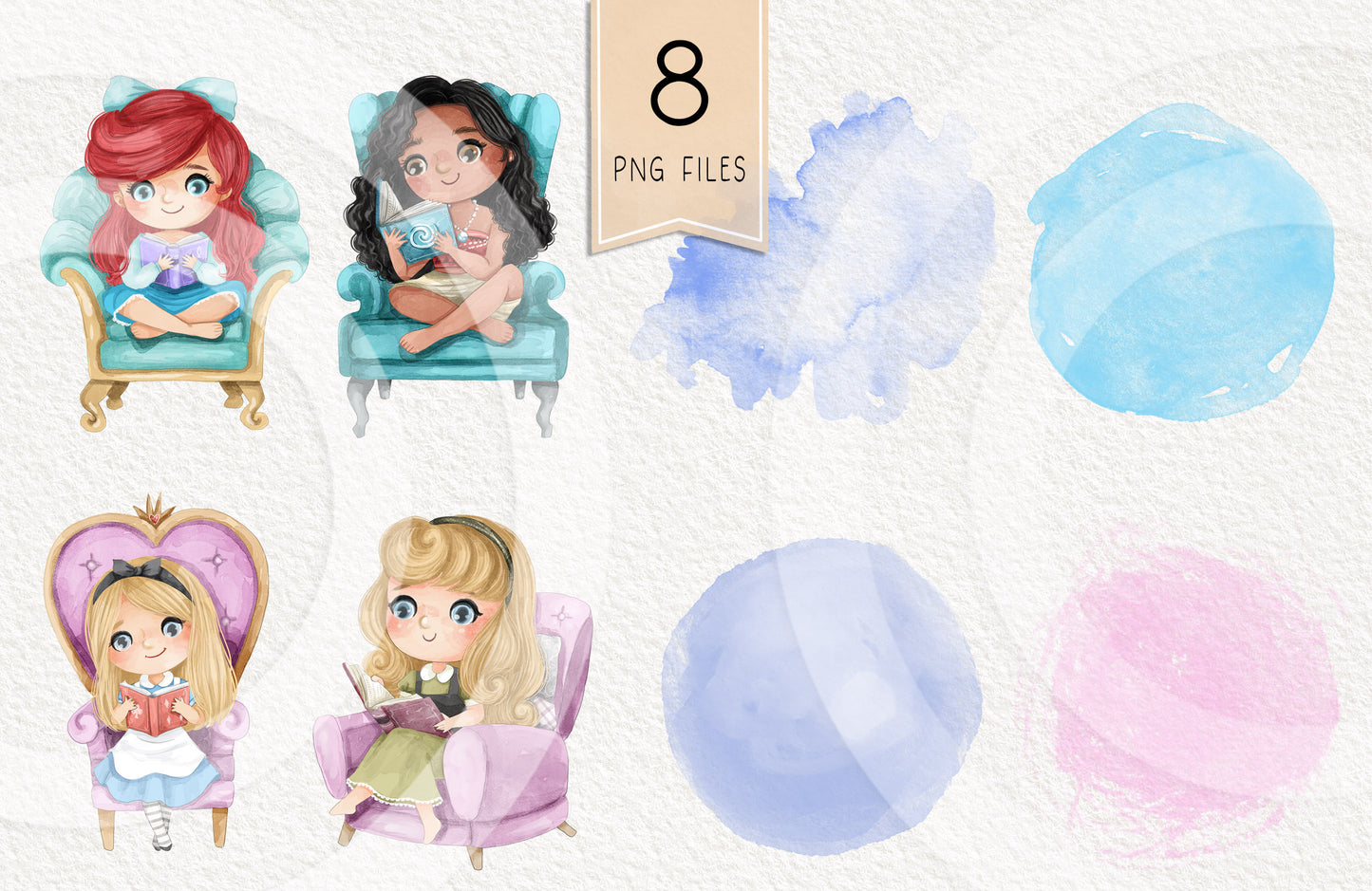 Cute Princess reading book clipart set 1, PNG set 1,PNG files 300 dpi.