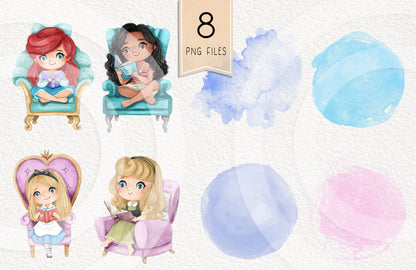 Cute Princess reading book clipart set 1, PNG set 1,PNG files 300 dpi.