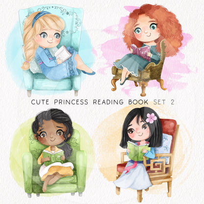 Cute Princess reading book clipart set 2, PNG set 1,PNG files 300 dpi.