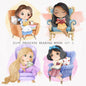 Cute Princess reading book clipart set 3, PNG set 1,PNG files 300 dpi.