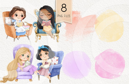 Cute Princess reading book clipart set 3, PNG set 1,PNG files 300 dpi.