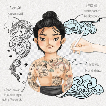Tattoo man clipart set1 instant download PNG file - 300 dpi